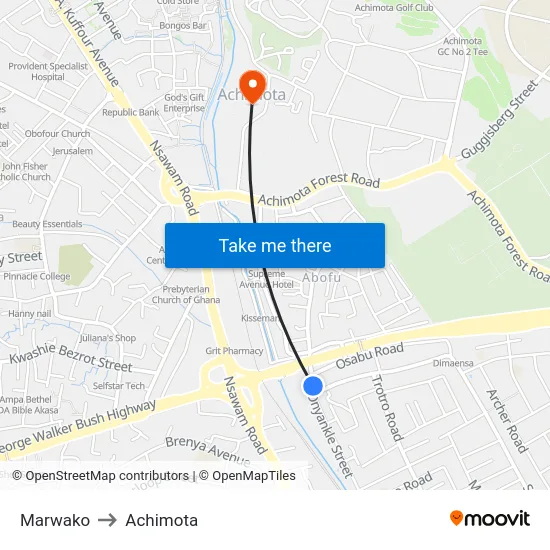 Marwako to Achimota map