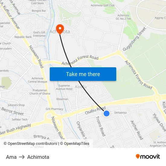 Ama to Achimota map