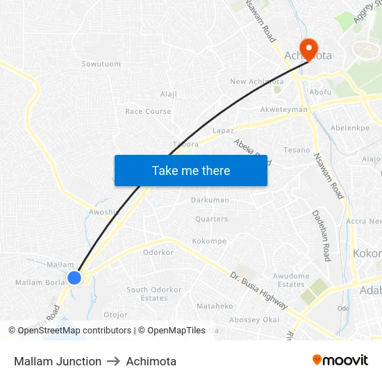 Mallam Junction to Achimota map