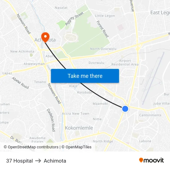 37 Hospital to Achimota map