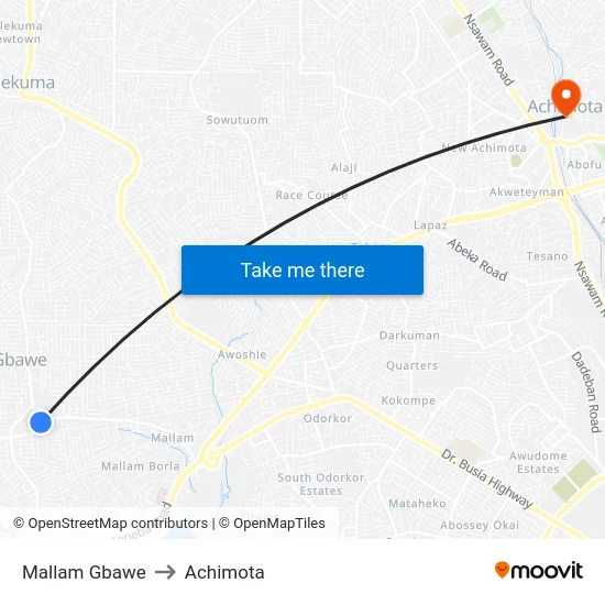Mallam Gbawe to Achimota map