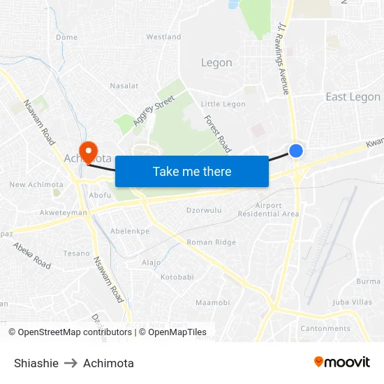 Shiashie to Achimota map