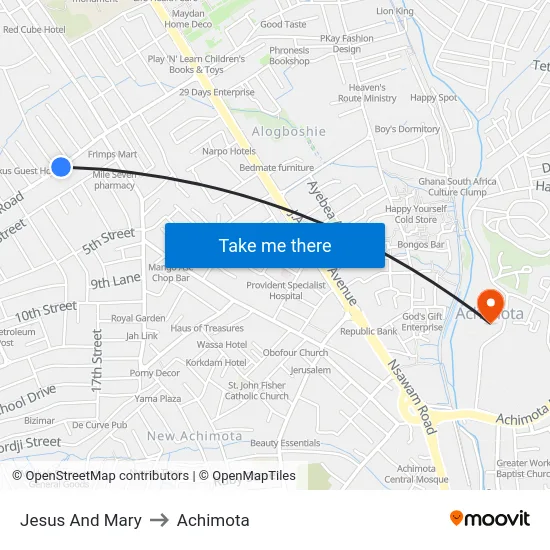 Jesus And Mary to Achimota map