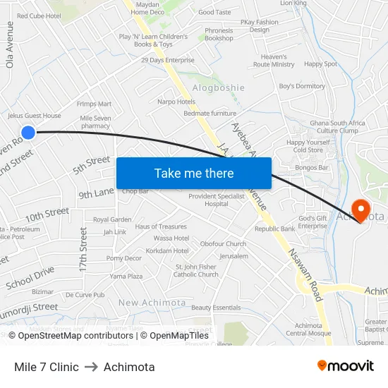 Mile 7 Clinic to Achimota map