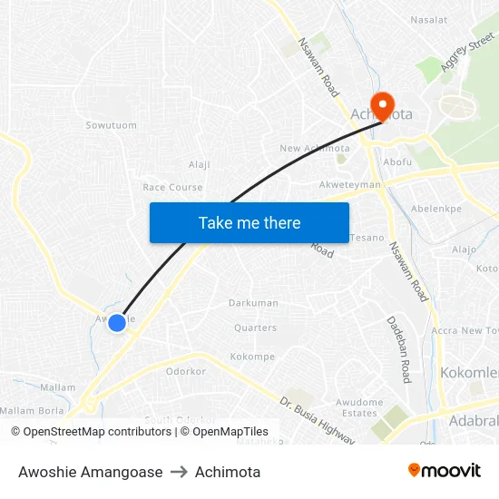 Awoshie Amangoase to Achimota map