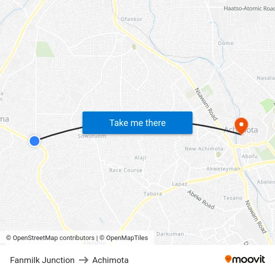 Fanmilk Junction to Achimota map