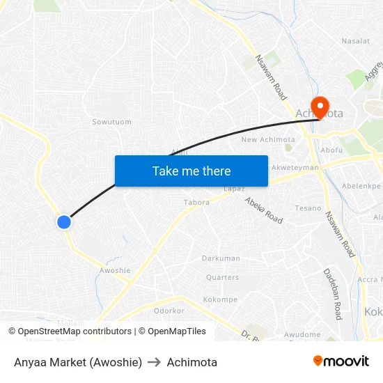 Anyaa Market (Awoshie) to Achimota map