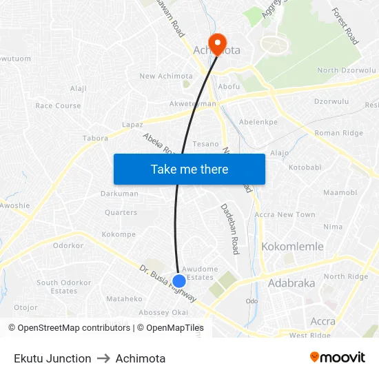 Ekutu Junction to Achimota map