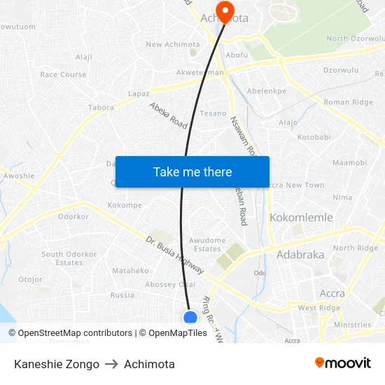 Kaneshie Zongo to Achimota map