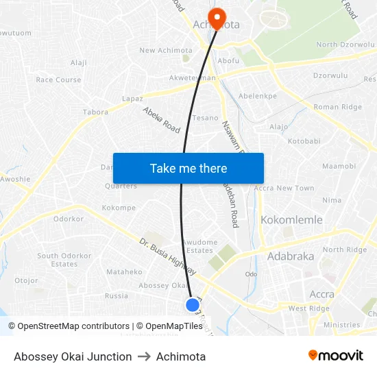 Abossey Okai Junction to Achimota map