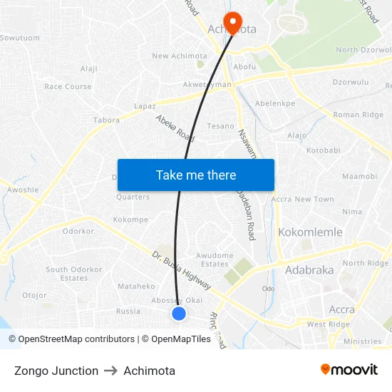 Zongo Junction to Achimota map