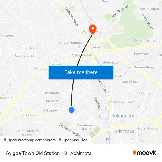 Ayigbe Town Old Station to Achimota map