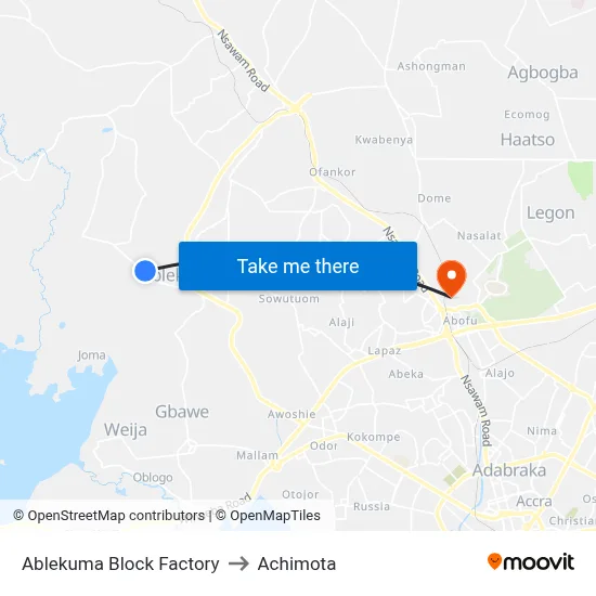 Ablekuma Block Factory to Achimota map