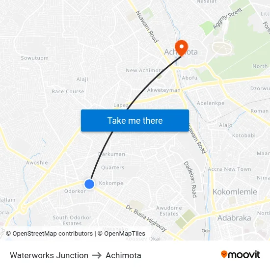 Waterworks Junction to Achimota map