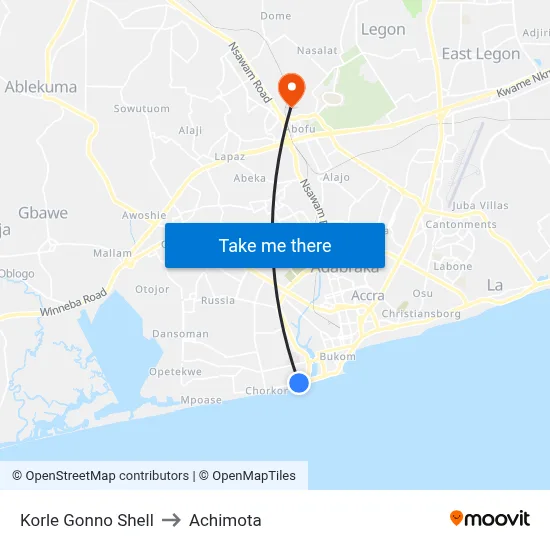 Korle Gonno Shell to Achimota map