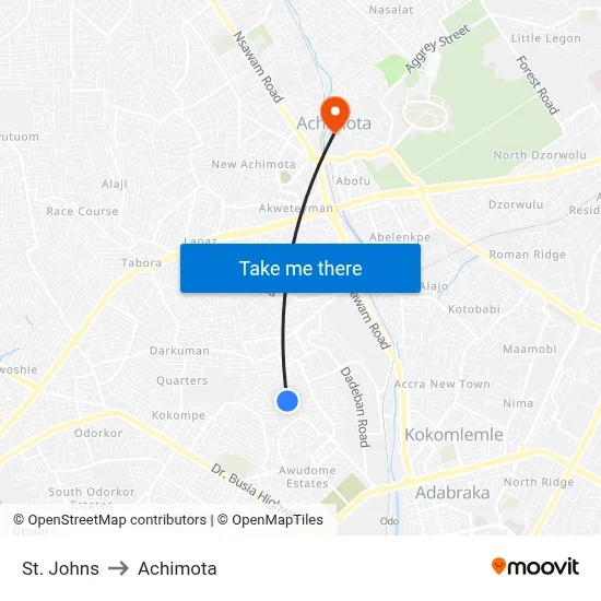 St. Johns to Achimota map