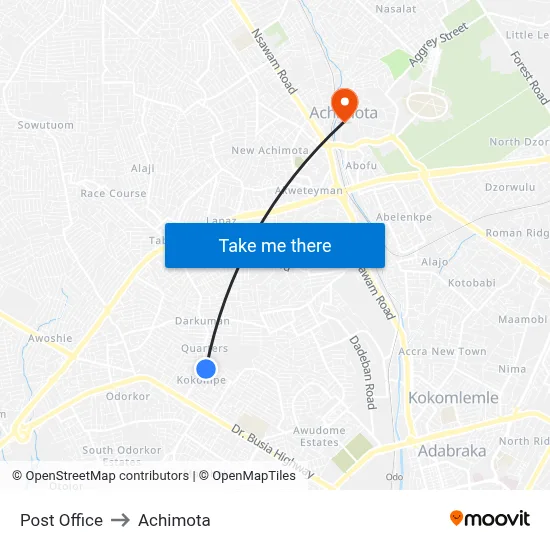 Post Office to Achimota map
