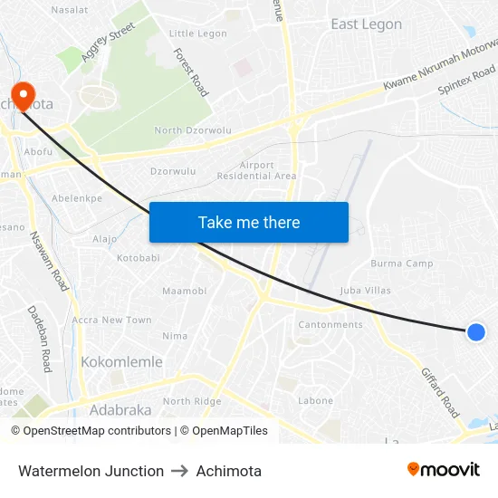Watermelon Junction to Achimota map