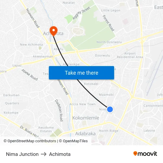 Nima Junction to Achimota map