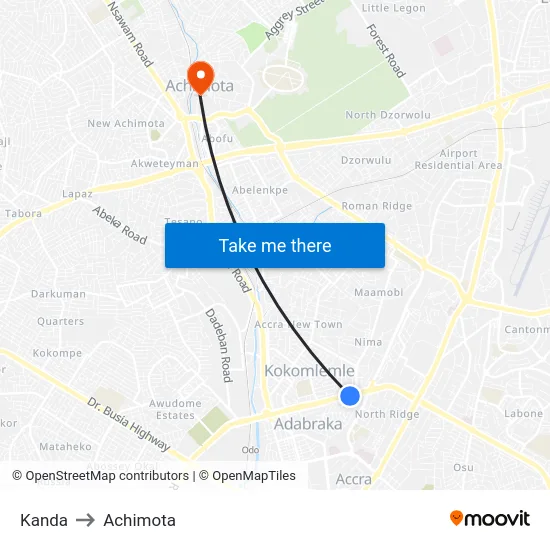 Kanda to Achimota map