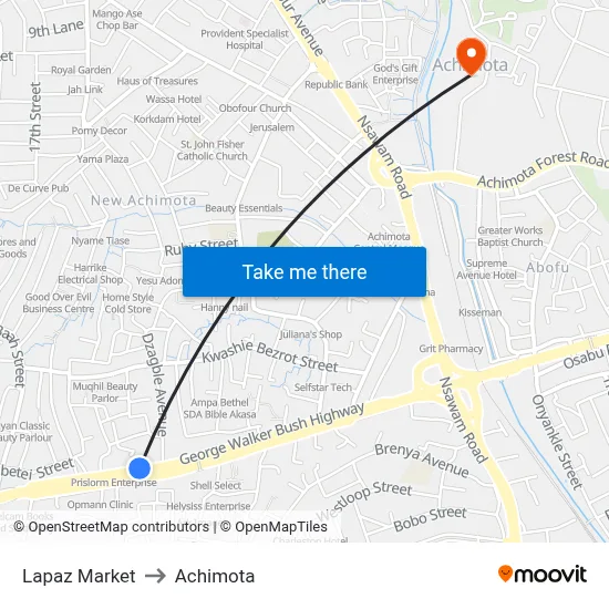 Lapaz Market to Achimota map