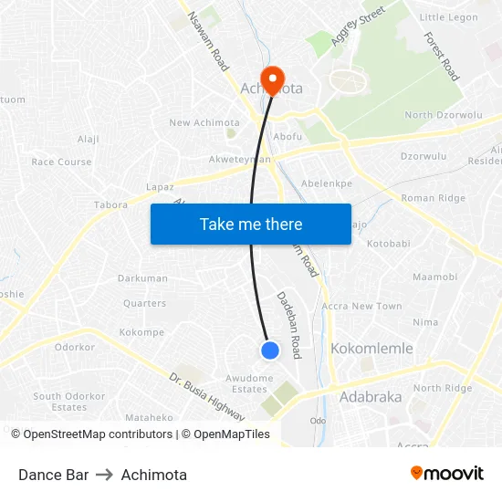 Dance Bar to Achimota map