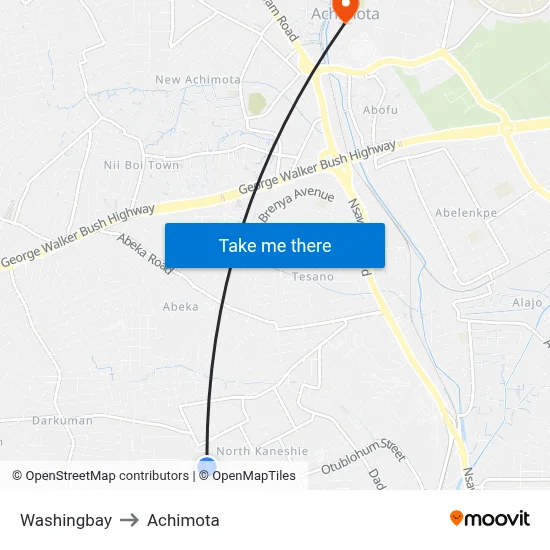 Washingbay to Achimota map