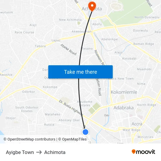 Ayigbe Town to Achimota map
