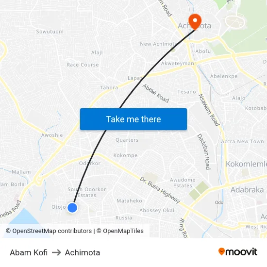 Abam Kofi to Achimota map