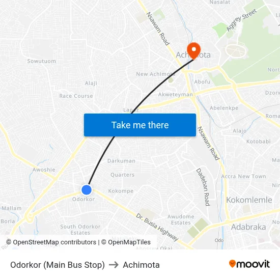 Odorkor (Main Bus Stop) to Achimota map