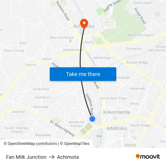 Fan Milk Junction to Achimota map