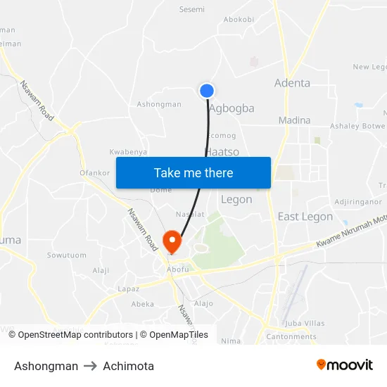 Ashongman to Achimota map