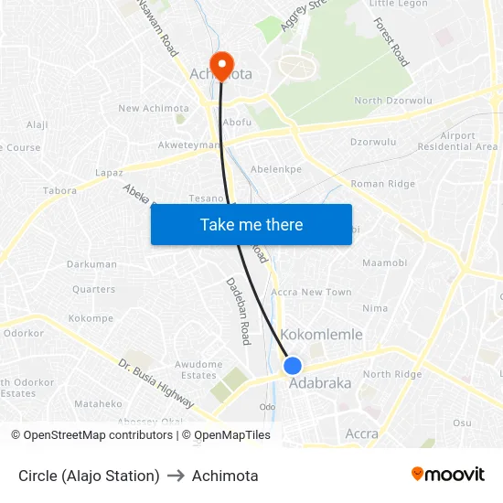 Circle (Alajo Station) to Achimota map