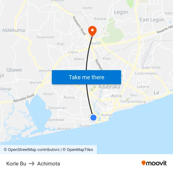 Korle Bu to Achimota map