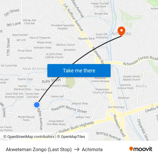 Akweteman Zongo (Last Stop) to Achimota map