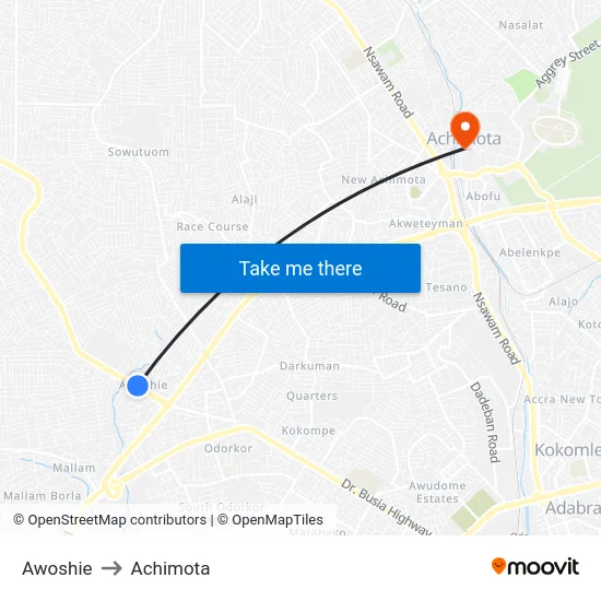 Awoshie to Achimota map
