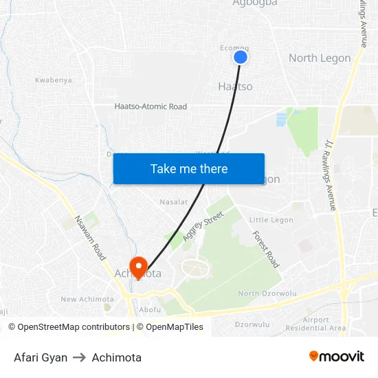 Afari Gyan to Achimota map