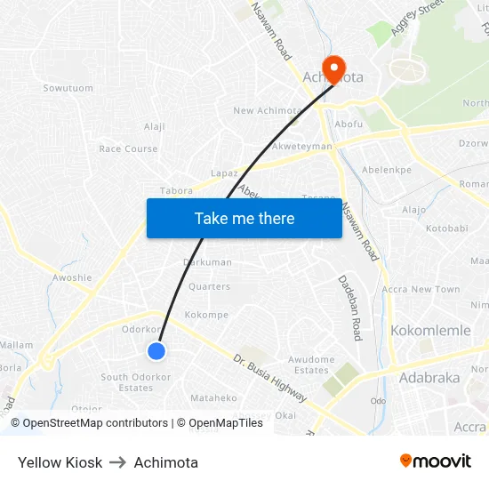 Yellow Kiosk to Achimota map