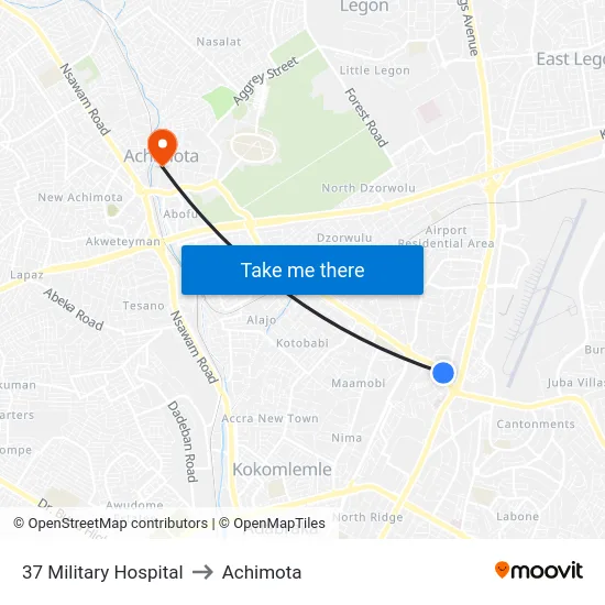 37 Military Hospital to Achimota map