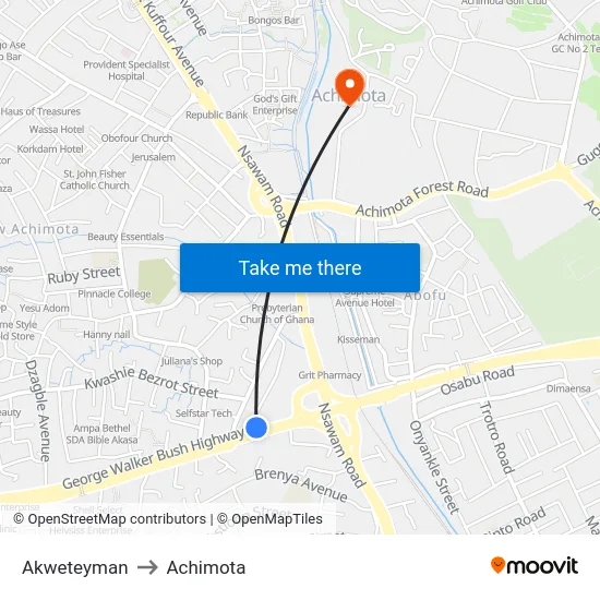 Akweteyman to Achimota map