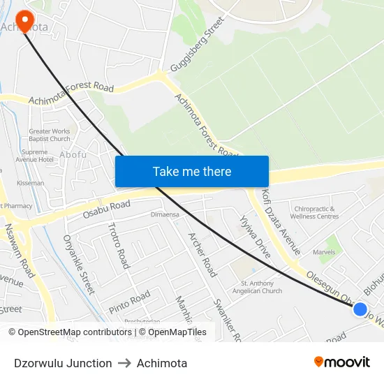 Dzorwulu Junction to Achimota map