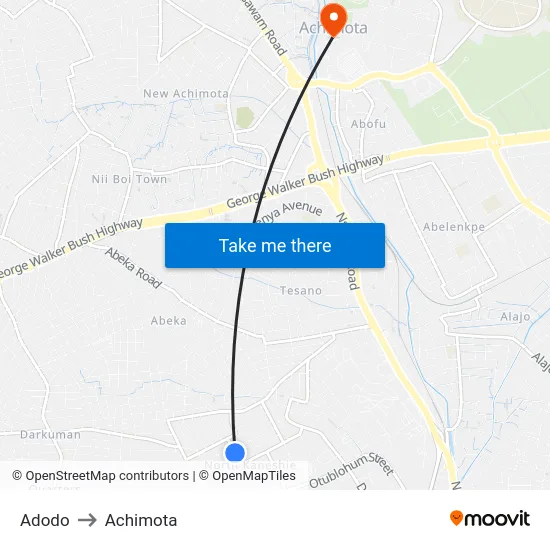 Adodo to Achimota map