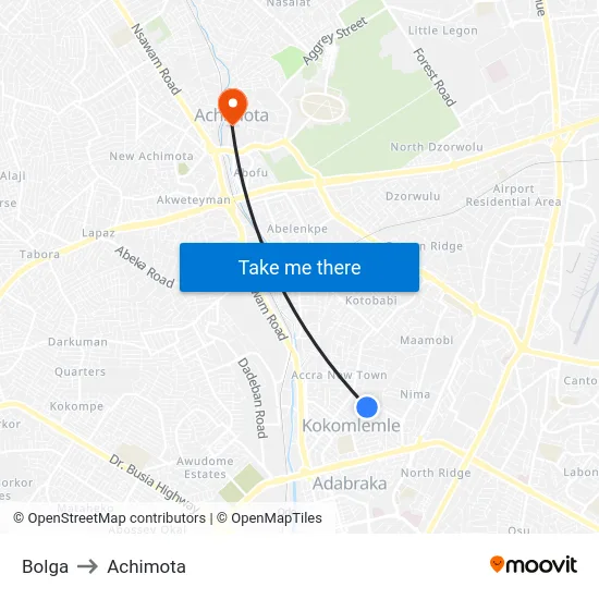 Bolga to Achimota map