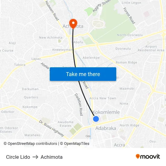 Circle Lido to Achimota map