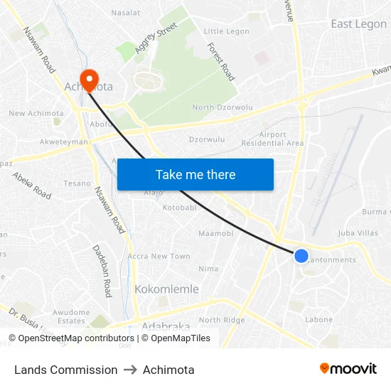 Lands Commission to Achimota map