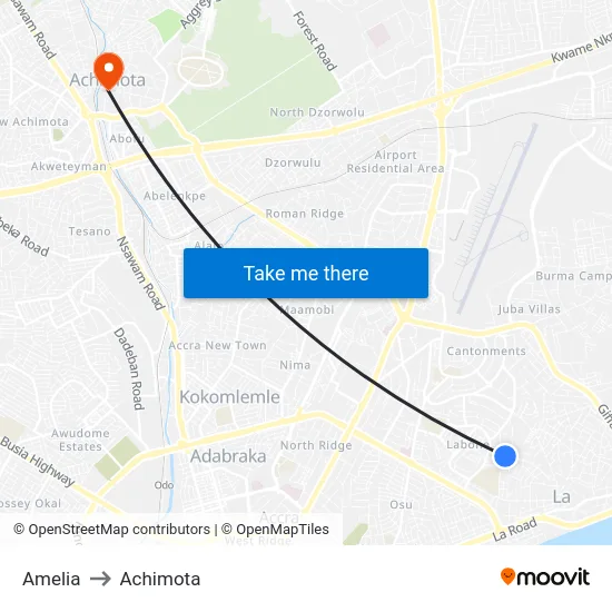 Amelia to Achimota map