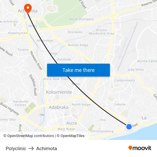 Polyclinic to Achimota map