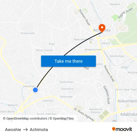 Awoshie to Achimota map