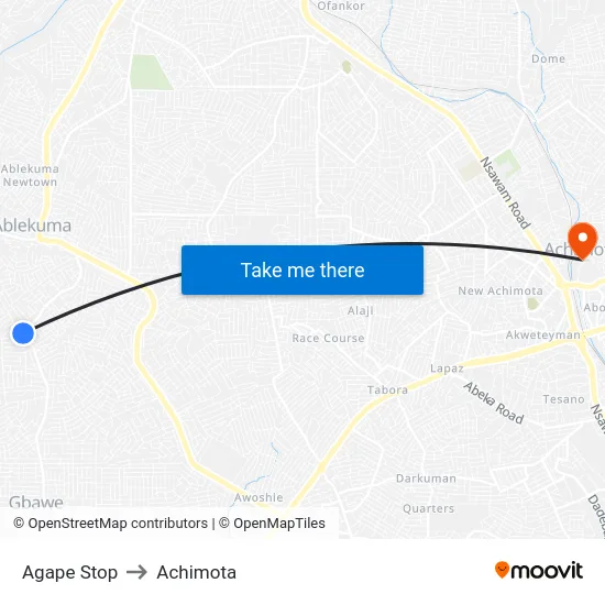 Agape Stop to Achimota map