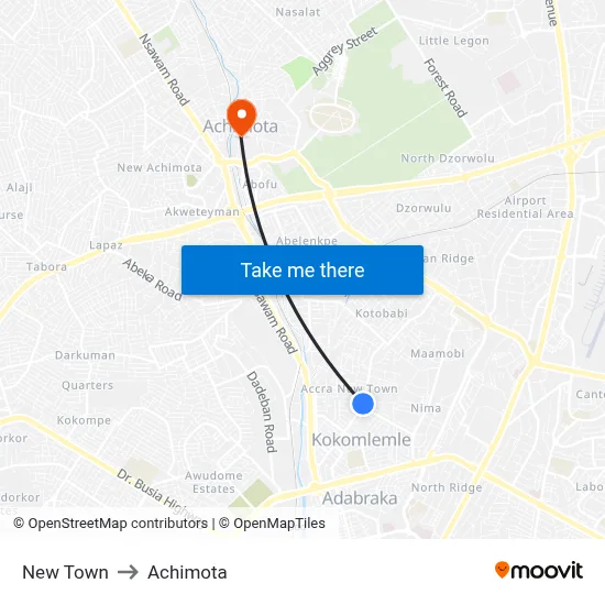 New Town to Achimota map